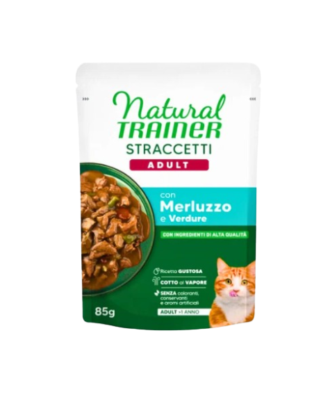 Trainer Umido Natural Cat busta Straccetti Merluzzo gr.85.Cibo Umido per gatti.