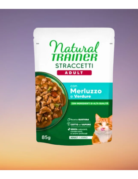 Trainer Umido Natural Cat busta Straccetti Merluzzo gr.85.Cibo Umido per gatti.