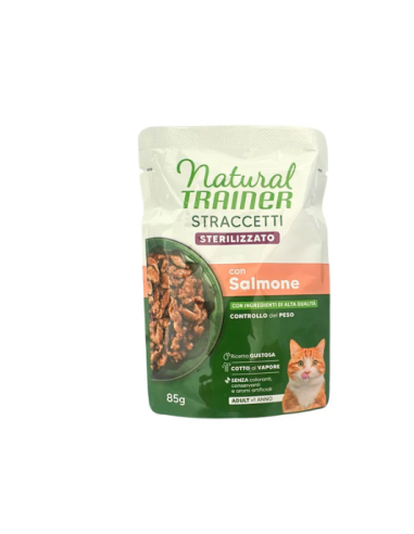 Trainer Umido Natural Cat busta Straccetti Sterilizzato Salmone gr.85.Cibo Umido Per Gatti.
