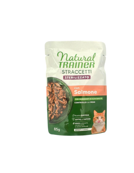 Trainer Umido Natural Cat busta Straccetti Sterilizzato Salmone gr.85.Cibo Umido Per Gatti. Trainer Umido Natural Cat busta Straccetti Sterilizzato Salmone gr.85.Cibo Umido Per Gatti.