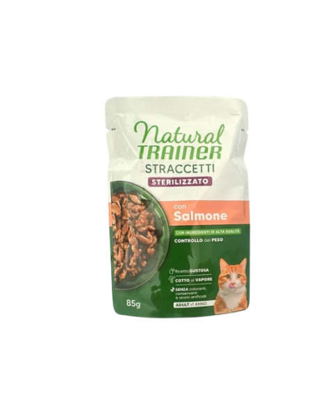 Trainer Umido Natural Cat busta Straccetti Sterilizzato Salmone gr.85.Cibo Umido Per Gatti. Trainer Umido Natural Cat busta Straccetti Sterilizzato Salmone gr.85.Cibo Umido Per Gatti.
