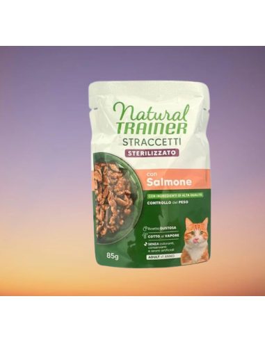 Trainer Umido Natural Cat busta Straccetti Sterilizzato Salmone gr.85.Cibo Umido Per Gatti.