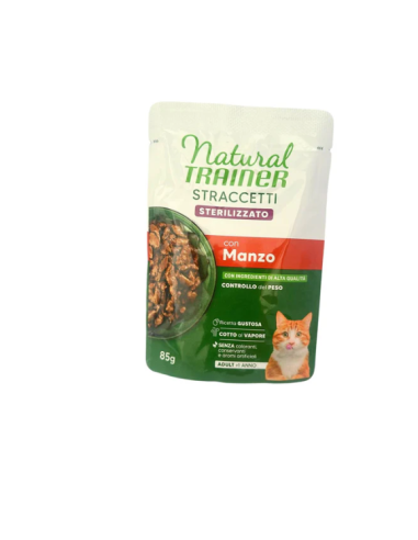 Trainer Umido Natural Cat busta Straccetti Steril.Manzo gr.85.Cibo Umido Per Gatti .