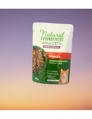 Trainer Umido Natural Cat busta Straccetti Steril.Manzo gr.85.Cibo Umido Per Gatti .