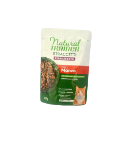Trainer Umido Natural Cat busta Straccetti Steril.Manzo gr.85.Cibo Umido Per Gatti .