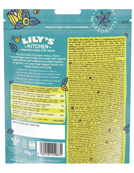 Lily's Kitchen Snack Dog The Might Duck mini Jerky Anatra gr.70.Snack per Cani.