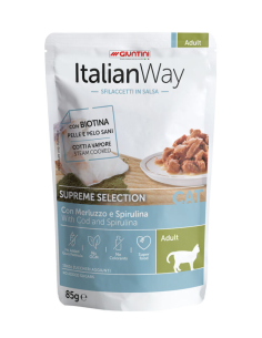 Italian Way Adult con Merluzzo e Spirulina Sfilacc. in Salsa gr.85. Cibo Umido per gatti.