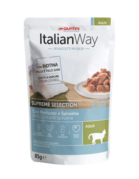 Italian Way Adult con Merluzzo e Spirulina Sfilacc. in Salsa gr.85. Cibo Umido per gatti.
