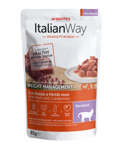 Italian Way sterilized con Maiale e Mirtilli Sfilacc. in Salsa gr.85.Cibo Umido Per Gatti