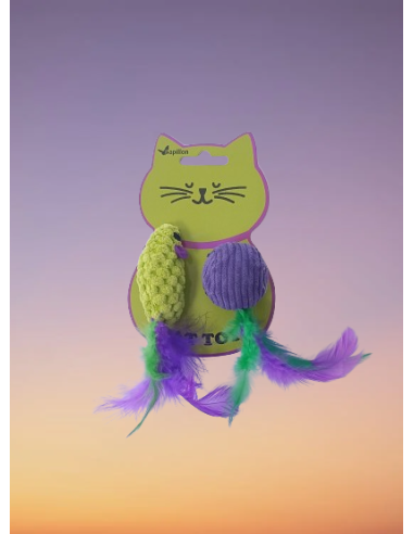 Topo e Palla Con Piuma e Erba Gatta . Giochi per gatti .