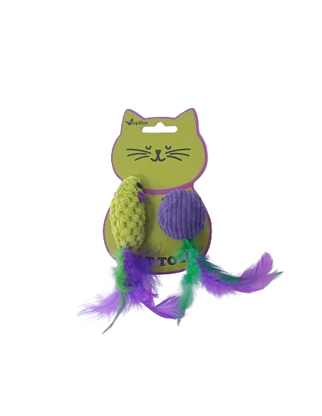 Topo e Palla Con Piuma e Erba Gatta . Giochi per gatti .