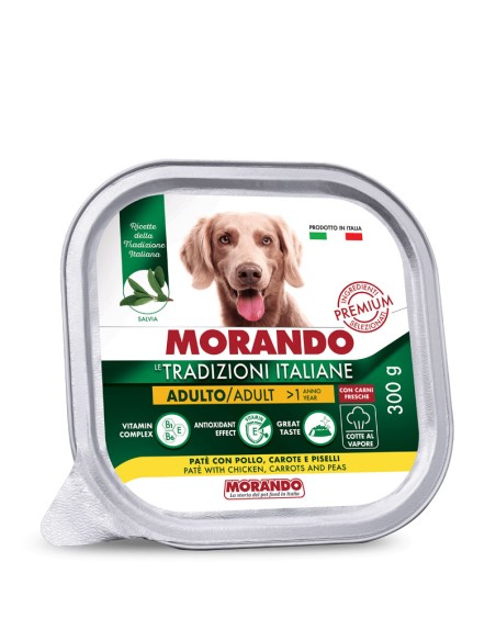 MORANDO Mc Trad.Ita cane Adulto Patè con Pollo Carote e Piselli gr.300. Cibo Umido Per Cani .